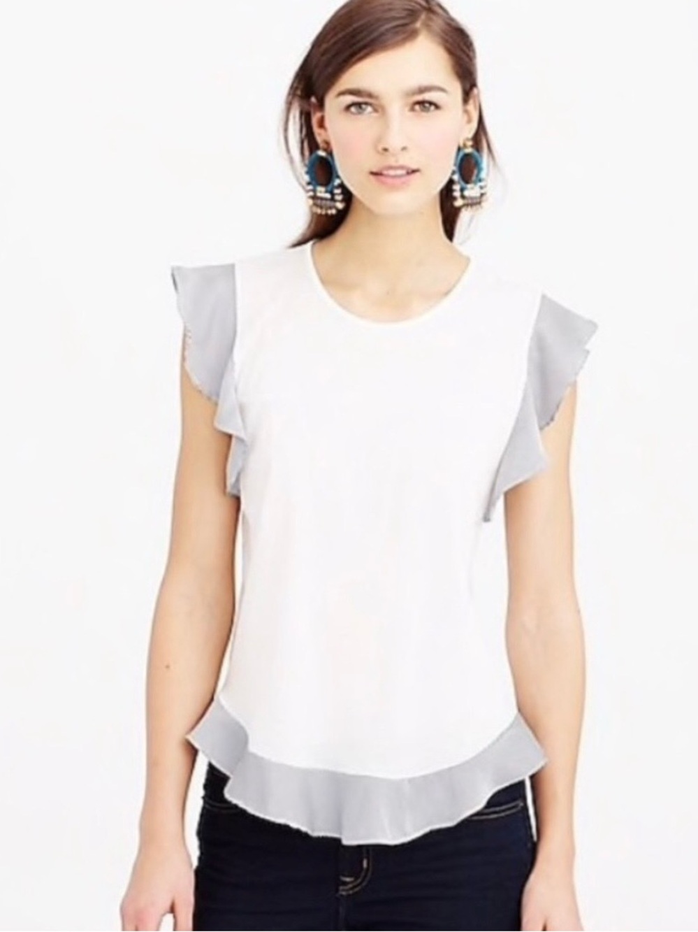 J. Crew White Flutter Sleeve Ruffle Hem Top Striped Trim Size Medium